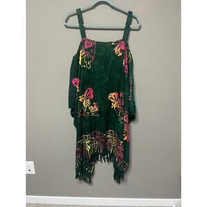 PINEAPPLE MOON Hand Batik Poncho Green Tropical Print Tassel Fringe One Size